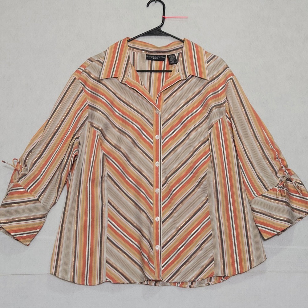 Blue Diamond Plus Women Striped‎ Button Front Blouse 2X Stretch Metallic Accents